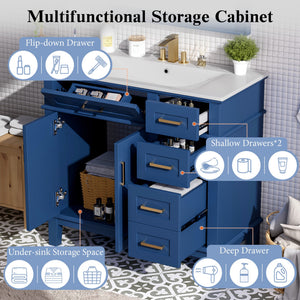 English Elm 36" Blue Modern Bathroom Vanity with Ceramic Sink, Solid Wood+MDF, Soft-Close Doors, 4 Drawers, Compact Elegance for Small Spaces N729P253935C