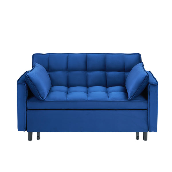 English Elm The 55-inch Blue Velvet Sofa Bed with Tufted Design, 2-Seater Convertible Couch, Durable 500lb Frame W3371P314998