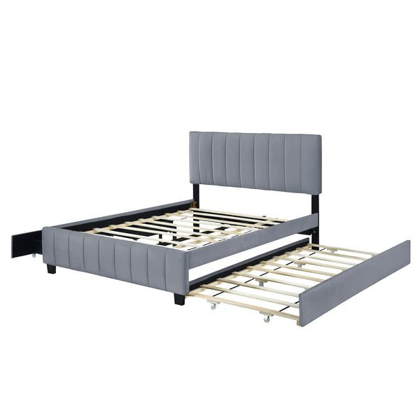 English Elm Queen Tufted Velvet Platform Bed with Storage Drawers and Pull Out Trundle Gray LP000714AAE-1