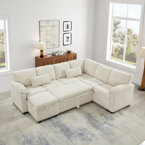 English Elm 97 Inch L-shaped Chenille Sectional Sofa with Sleeper Storage Ottoman 7 Seats Beige W1669S00017