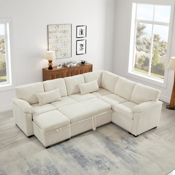 English Elm 97 Inch L-shaped Chenille Sectional Sofa with Sleeper Storage Ottoman 7 Seats Beige W1669S00017