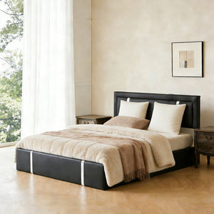 English Elm Queen Platform Bed Wingback Diamond Quilted Headboard Led Lighting Storage Drawers Black W5722P462695