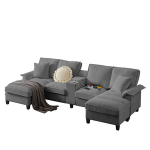 English Elm 120" Modular Corduroy Sectional Sofa Bed with Storage, U-Shaped 4-Seater, Cup Holders & Console Gray W1359S00012