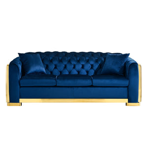 English Elm 2 Piece Chesterfield Velvet Sofa Set with Gold Steel Trim Tufted Living Room Suite Navy Blue W1191S00120
