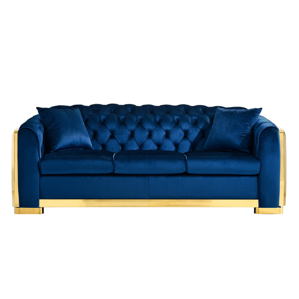 English Elm 2 Piece Chesterfield Velvet Sofa Set with Gold Steel Trim Tufted Living Room Suite Navy Blue W1191S00120
