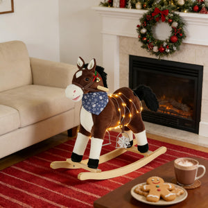 English Elm Ride-on Cowboy Rocking Horse with Plush Body Realistic Sounds and Wooden Base T3971P442347