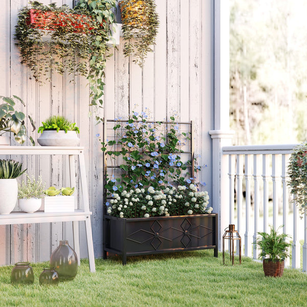 English Elm Outsunny Galvanized Steel Raised Planter with Built-in Trellis for Vertical Garden Growth W2225P485599