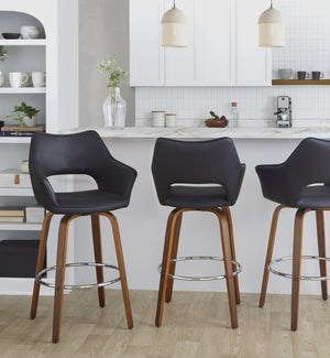 English Elm Fixed-height Swivel Barstools Mid-century Walnut Bentwood Frame Grey Upholstered Set B202S01929