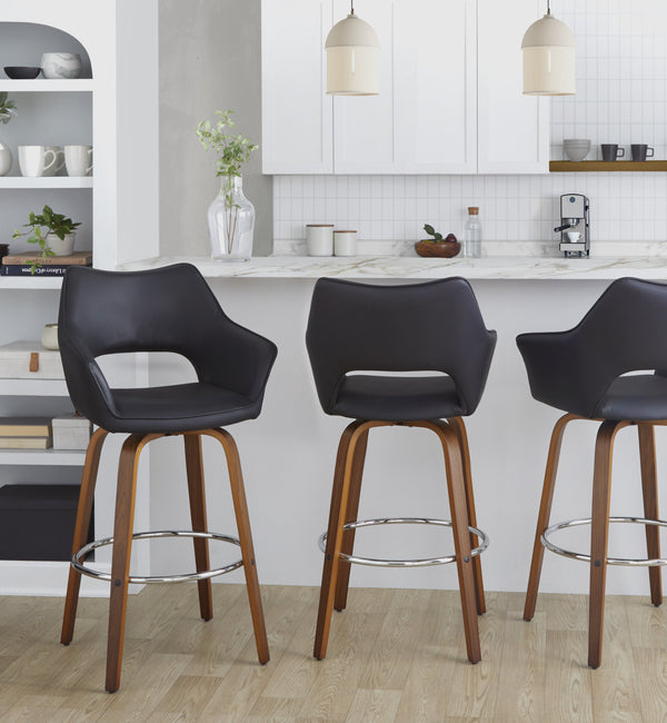 English Elm Fixed-height Swivel Barstools Mid-century Walnut Bentwood Frame Grey Upholstered Set B202S01929