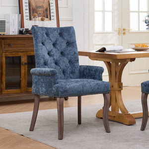 English Elm Upholstered Chenille Club Dining Chair Tufted High Back with Curved Solid Wood Legs Blue W1143P449346