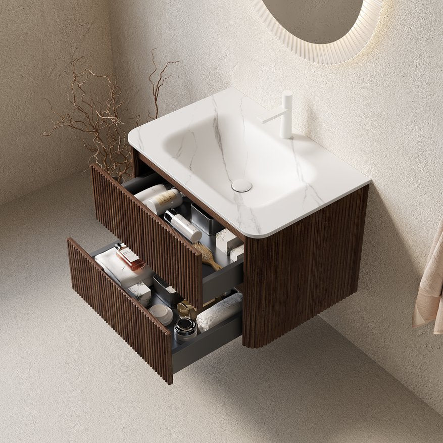 English Elm Noor Oak Veneer Floating Bathroom Vanity with Grooved Plywood Cabinet and Ceramic Basin W2615P386403