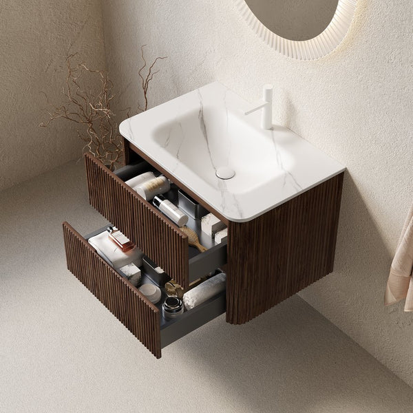 English Elm Noor Oak Veneer Floating Bathroom Vanity with Grooved Plywood Cabinet and Ceramic Basin W2615P386403