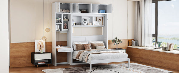 English Elm Queen Murphy Bed with Integrated Desk Cabinet Shelves Space Saving Studio Solution White N708S00021K-1