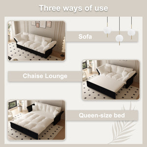 English Elm 74.4" Queen Velvet Sleeper Sofa Artisan Floral Tufted Cushions Converts for Guest Rooms Beige+White W1885S00168