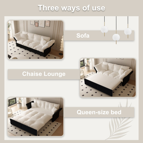 English Elm 74.4" Queen Velvet Sleeper Sofa Artisan Floral Tufted Cushions Converts for Guest Rooms Beige+White W1885S00168