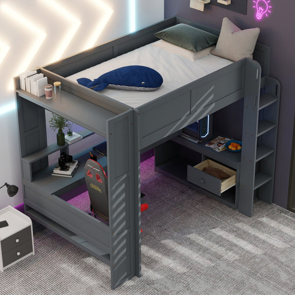 English Elm Wood Full Size Gaming Loft Bed with Desk, LED Lights, USB Charging Ports & Multi Storage Dark Gray SM000374AAE