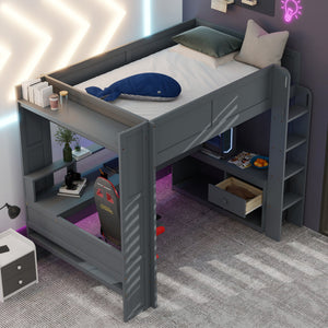 English Elm Wood Full Size Loft Bed with Built-in Desk Led Lighting and Charging Station SM000374AAE-1
