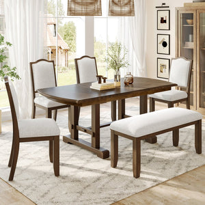 English Elm 6-piece Extendable Wood Dining Set with Linen Upholstered Chairs Bench Seats Eight Beige+Brown N752S000097D