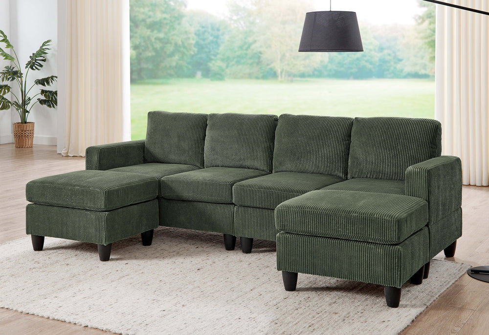 English Elm Savannah Plush Corduroy Modular Sectional Sofa with Ottoman — Customizable Layouts & Padded Comfort Green B355S00009