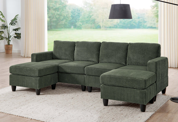 English Elm Savannah Plush Corduroy Modular Sectional Sofa with Ottoman — Customizable Layouts & Padded Comfort Green B355S00009
