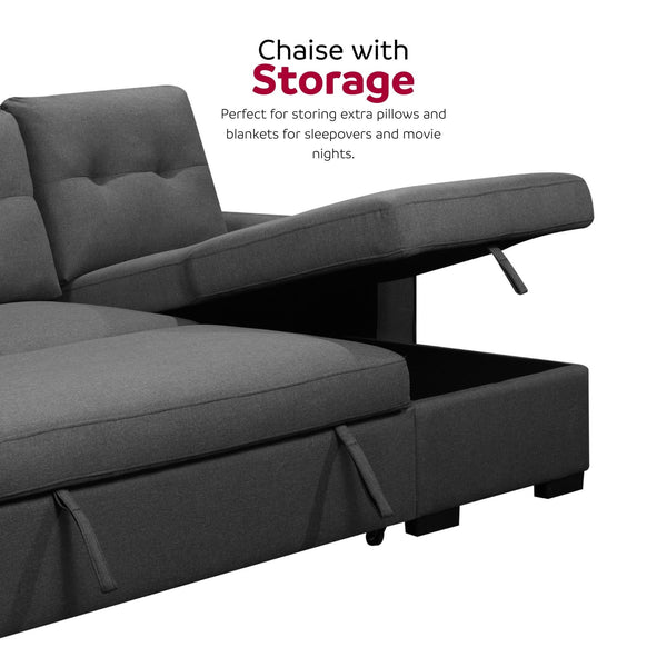 English Elm Living L-Shaped Sleeper Sofa Lounger with Storage Chaise, Convertible Sectional Bed, Durable Frame Grey 52 L x 35 W x 23 H B2741S00005