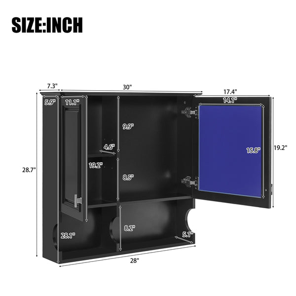 English Elm 30 30 Inch Mirror Medicine Cabinet with Half-Moon Design, Soft-Close Hinges, Open Shelf & Solid-Wood Frame Black N710P322812B