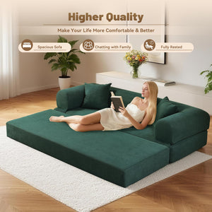 English Elm Convertible Corduroy Sleeper Sofa Queen Fold Out Bed with Dual Storage Pockets Dark Green W3396P483180