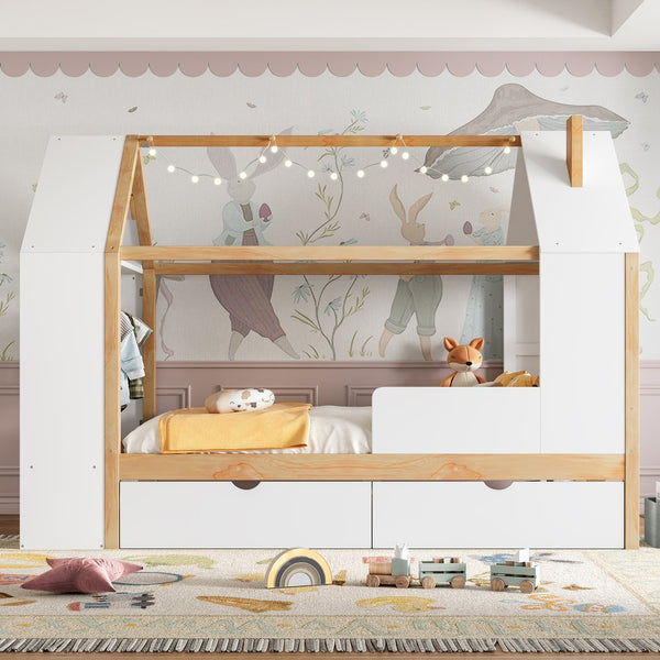 English Elm Twin House Frame Bed Pine Wood with Storage Drawers and Shelves for Kids Bedroom W1580S00572