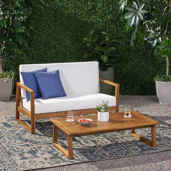 English Elm Christopher Knight Home® - BELGIAN Acacia Wood Loveseat and Coffee Table Set with Slatted Design and Water‑Resistant Cushions Teak 54 L x 31 W x 20.75 H 66742.00BGE