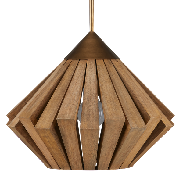 Plunge Pendant Light - Mid-Century Modern Wooden Shade with Brass Finish, Adjustable Height Design