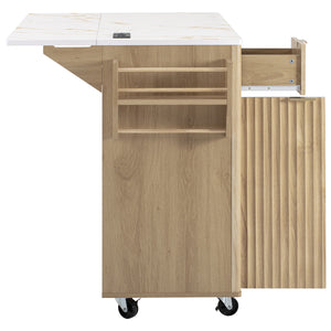 English Elm K&k Fluted Rolling Kitchen Island Faux Marble Top Power Outlet Storage Drawers Natural N707P353945Y