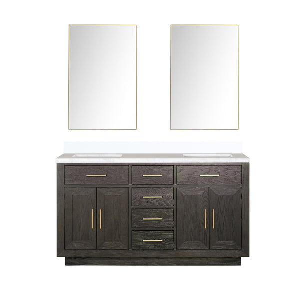 English Elm Brown Oak Double Bath Vanity With White Quartz Top & 28" Mirrors - Elegant, Durable, Modern Design! B2731S01532