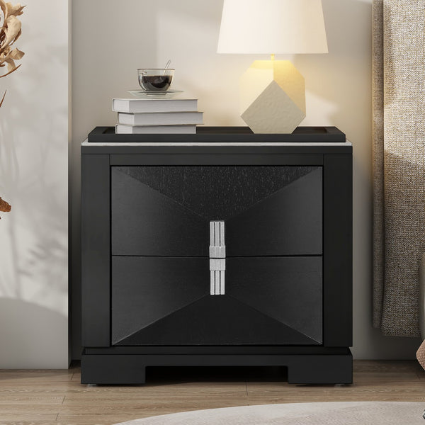 English Elm Mid-century Modern Nightstand with Diamond Geometric Drawers and Heavy Duty Wood Base Black N761P324094B