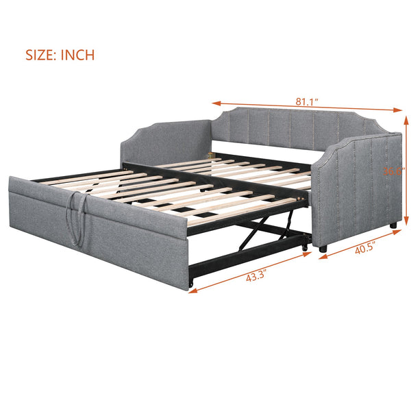 English Elm Twin Linen Upholstered Daybed with Pop up Trundle and Built in Usb Charging Gray SF000199AAE