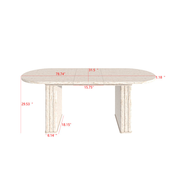English Elm Kitchen extendable dining table with travertine-inspired melamine top, rounded edges, sturdy wooden base for family gatherings Beige W1347S00017