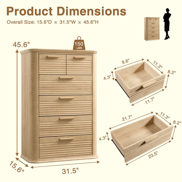 English Elm 6 Drawer Tall Fluted Chest with Waveform Fronts Slim Wooden Storage for Modern Bedroom Oak T5326P425103