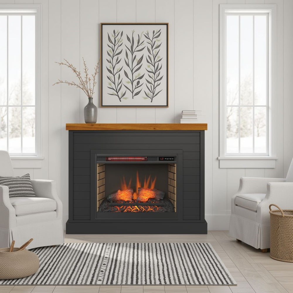 English Elm 48 inch Modern Farmhouse Fireplace Mantel with 28" Electric Insert, Two-Tone Black & Whiskey Charm B108131560