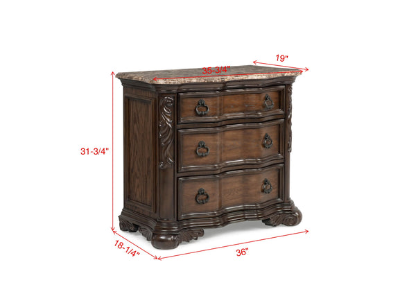 English Elm 1pc Marble Top Nightstand with Three Drawers, Intricate Moldings & Curved Silhouette, Coffee Finish B2741P366056