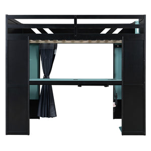 English Elm Full Size Loft Bed with Desk Blackout Curtains Rgb Lighting and Integrated Storage Black+Blue LT000377AAC