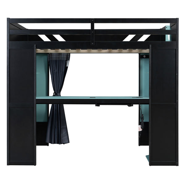 English Elm Full Size Loft Bed with Desk Blackout Curtains Rgb Lighting and Integrated Storage Black+Blue LT000377AAC