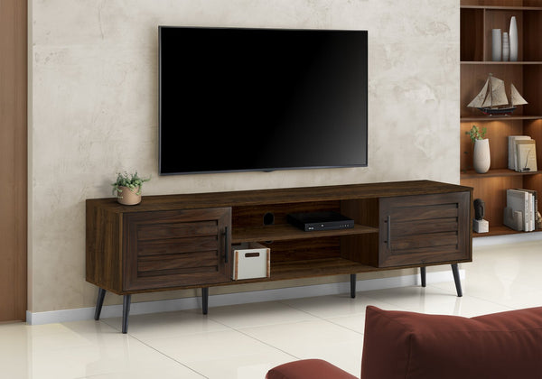 English Elm Tv Stand 72-Inch Console with Mid-Century Black Legs, Large Storage Cabinets & Wire Management Brown 76 L x 20 W x 5 H B2710P219099