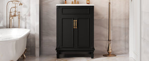 English Elm 24'' Bathroom Vanity with Sink - Solid Wood Frame, Glossy Ceramic Basin, Soft-Close Doors & Ample Storage Elegant Modern Design, Durable MDF Construction, Retro Metal Handles, Compact 24-inch Cabinet Black N710P317675B