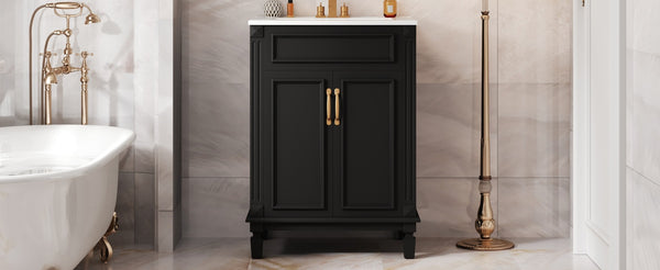 English Elm 24'' Bathroom Vanity with Sink - Solid Wood Frame, Glossy Ceramic Basin, Soft-Close Doors & Ample Storage Elegant Modern Design, Durable MDF Construction, Retro Metal Handles, Compact 24-inch Cabinet Black N710P317675B