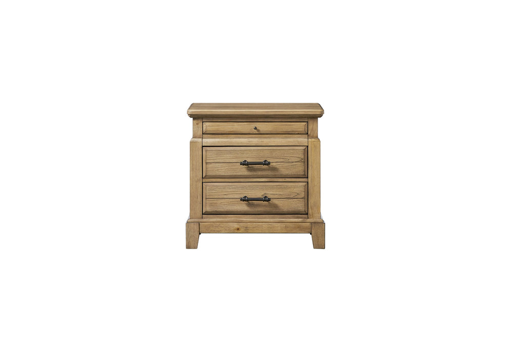 English Elm 2 Drawer Nightstand with Hidden Pull-Out Tray, Caramel Elm Veneer, Rustic Farmhouse Style, Solid Wood Finish B2699P353071