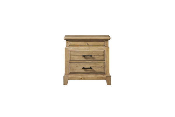 English Elm 2 Drawer Nightstand with Hidden Pull-Out Tray, Caramel Elm Veneer, Rustic Farmhouse Style, Solid Wood Finish B2699P353071