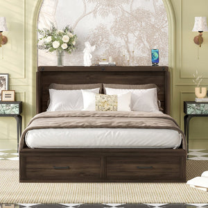 English Elm Queen Farmhouse Murphy Cabinet Bed with Charging Station and Storage Drawer Gray N733S361778G
