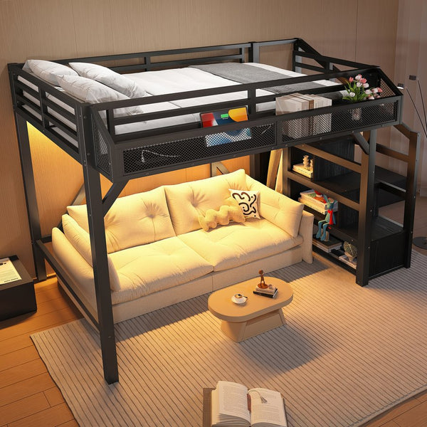 English Elm Twin Metal Loft Bed with Wardrobe Storage Stairs Led Lighting and Usb Ports W1580S00405