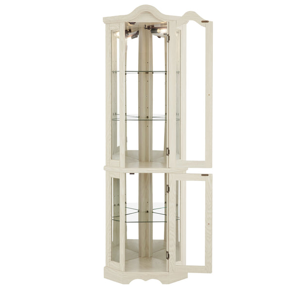 English Elm Lighted Corner Curio Cabinet With Adjustable Shelves & Integrated Lighting - Elegant White Oak Display W1758P300125