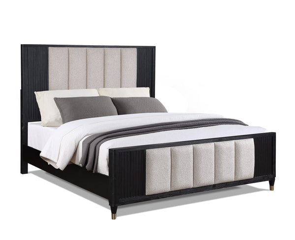English Elm 1pc Upholstered Panel Queen Bed with Plush Padded Headboard, Sleek Finish, Metal Legs, Modern Flair Beige+White,Black 66 L x 42 W x 7.5 H B011S01386