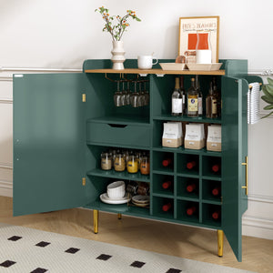 English Elm Modern Fluted Bar Cabinet with Wine Rack Glass Holders Adjustable Shelving and Hidden Drawer Green N728P438606G